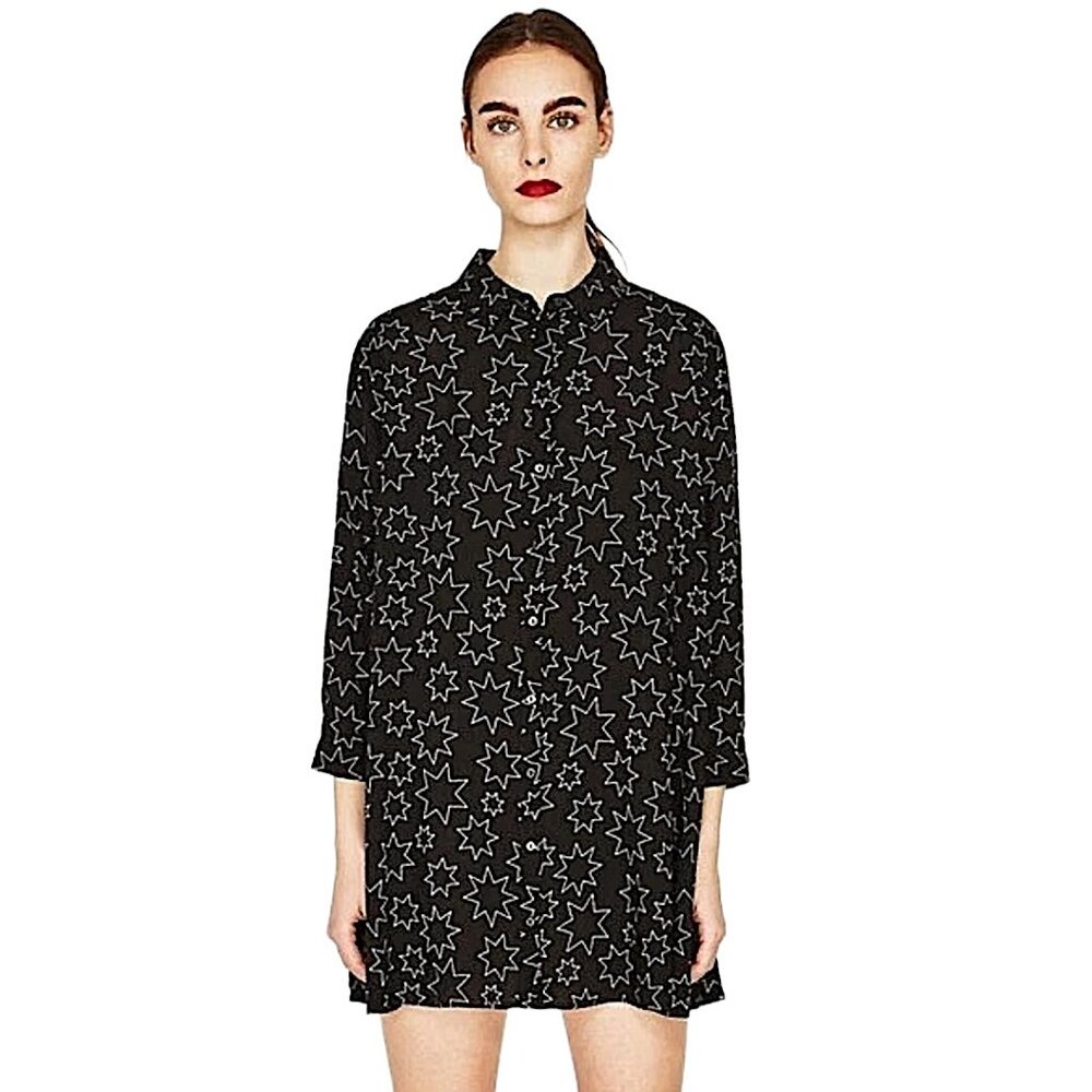 Zara Women Premium Denim Collection Star Pattern Dress/Tunic – Black (Size S)